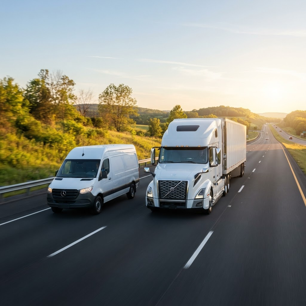 A semi truck and delivery van on the highway monitored by Doctor Drive